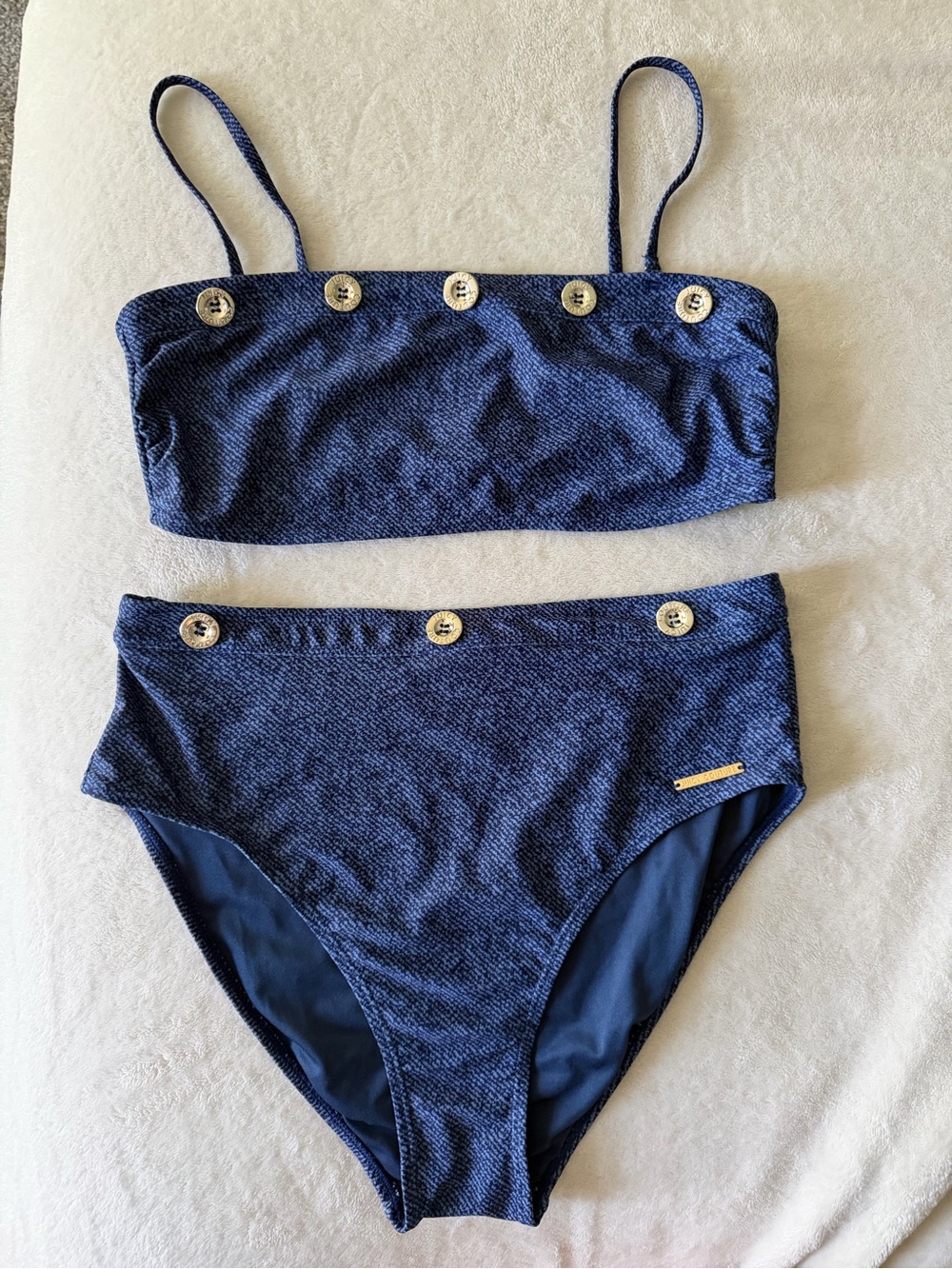 Juicy Couture Blue denim look bikini swim bathing suit with gold buttons size Lg